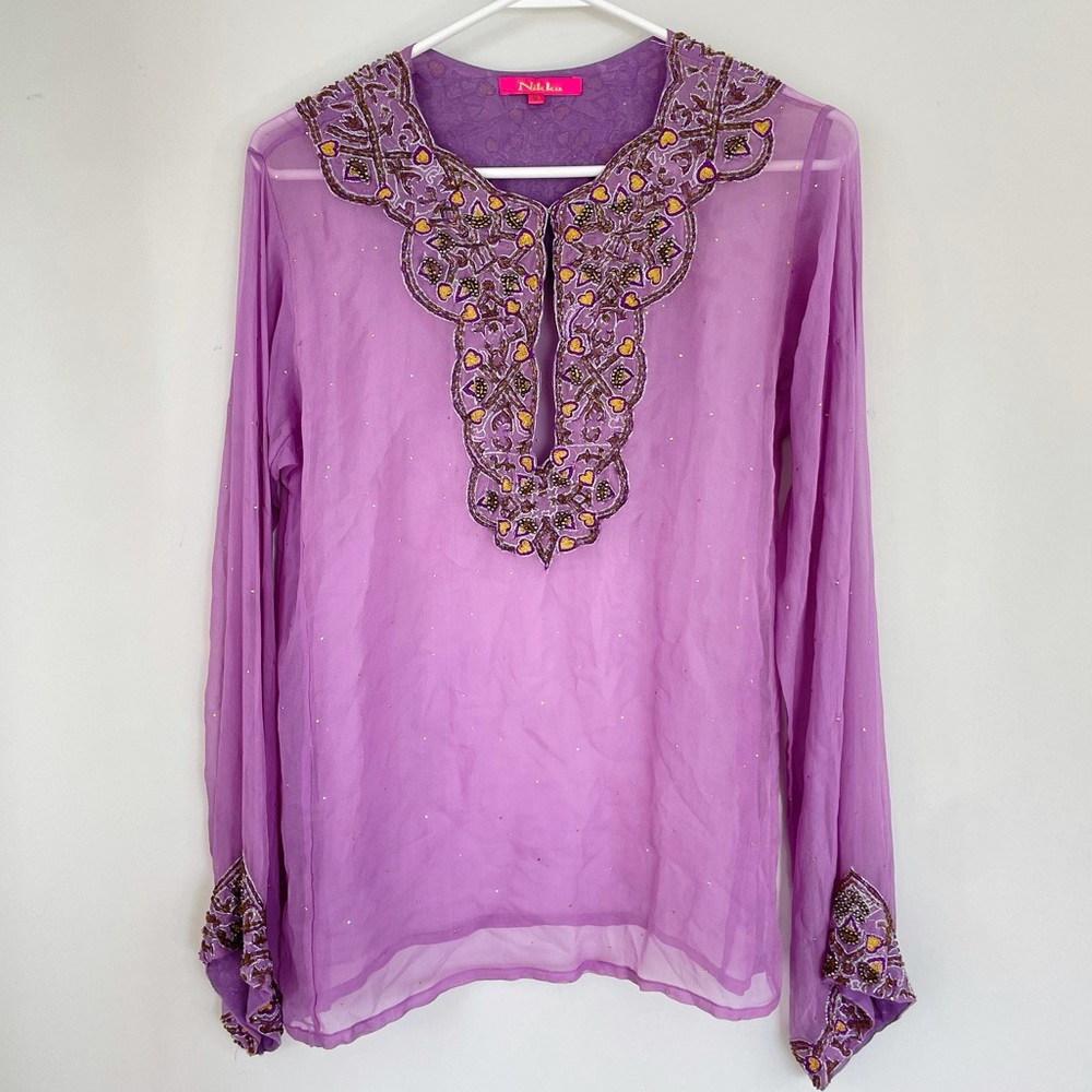 Nikka Purple bead Embellished Sheer 100% Silk Blouse Tunic